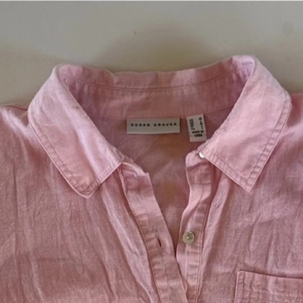 Susan Graver Pink Linen Rayon Blend Long Sleeve Button-down Roll Tab Sleeves M - Picture 4 of 11